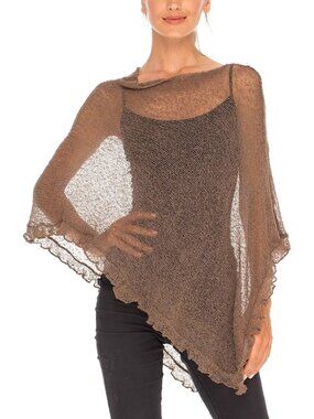 Women’s Mocha Sheer Knit Poncho Shrug Lightweight Asymmetrical Ruffle Wraps